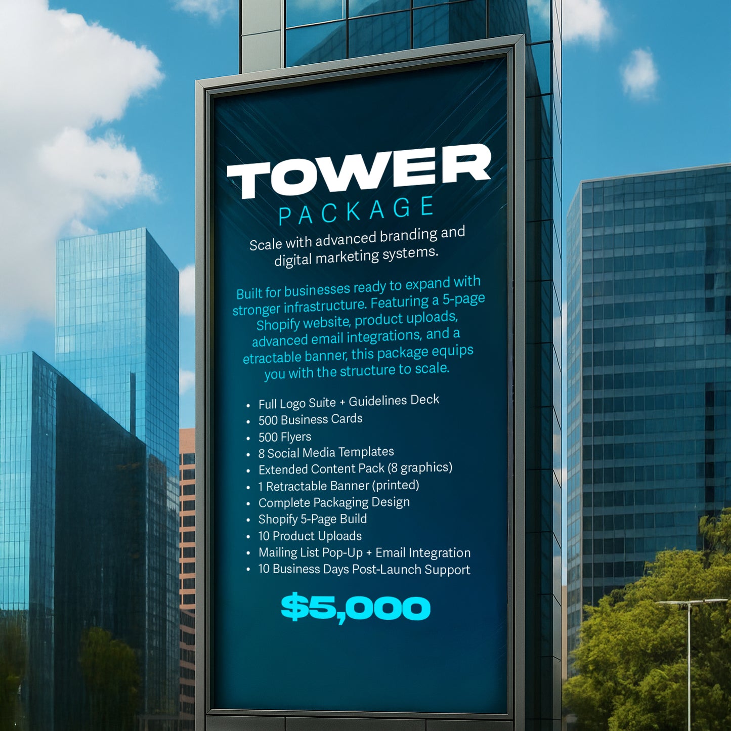 Tower Branding Package – Logo Suite, 500 Cards & 500 Flyers