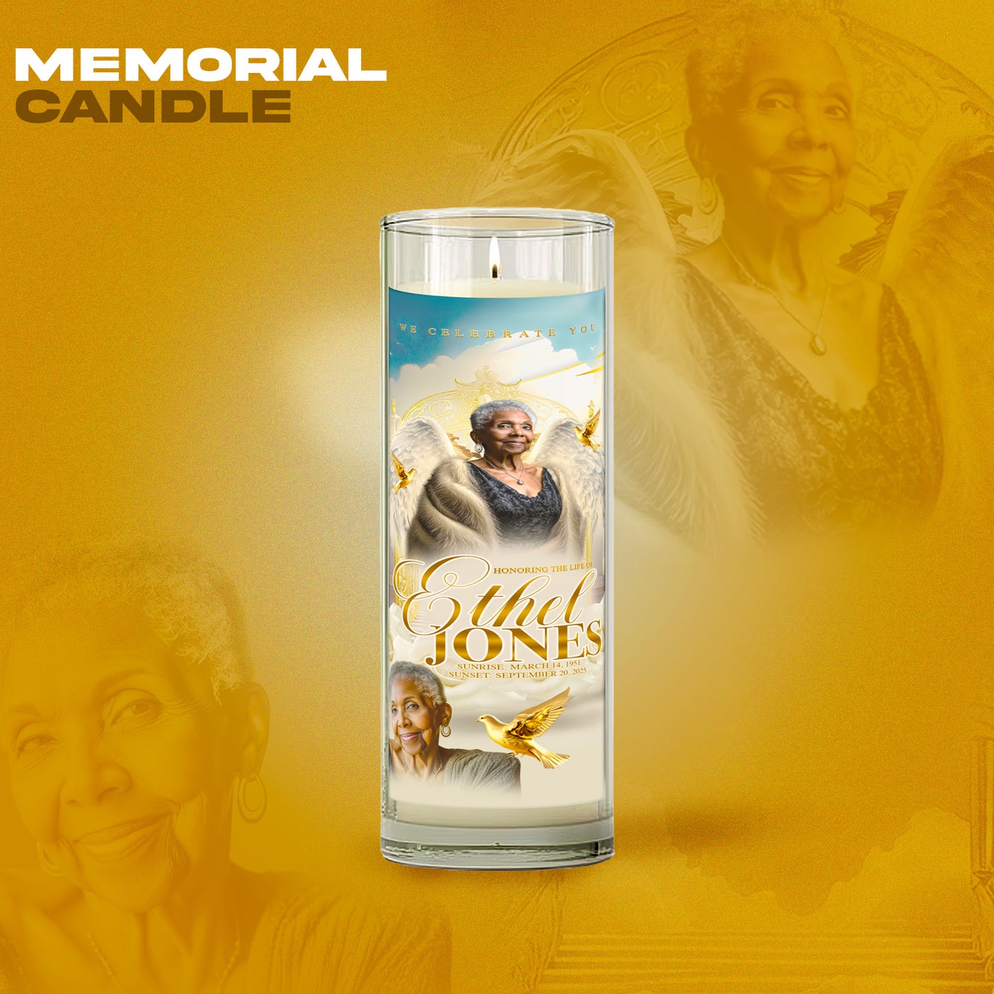 Ivory & Gold Memorial Template Bundle | Editable Photoshop Obituary, Casket Panel, Shirt, Fan, Tumbler, Mug, Keychain & Keepsake Designs