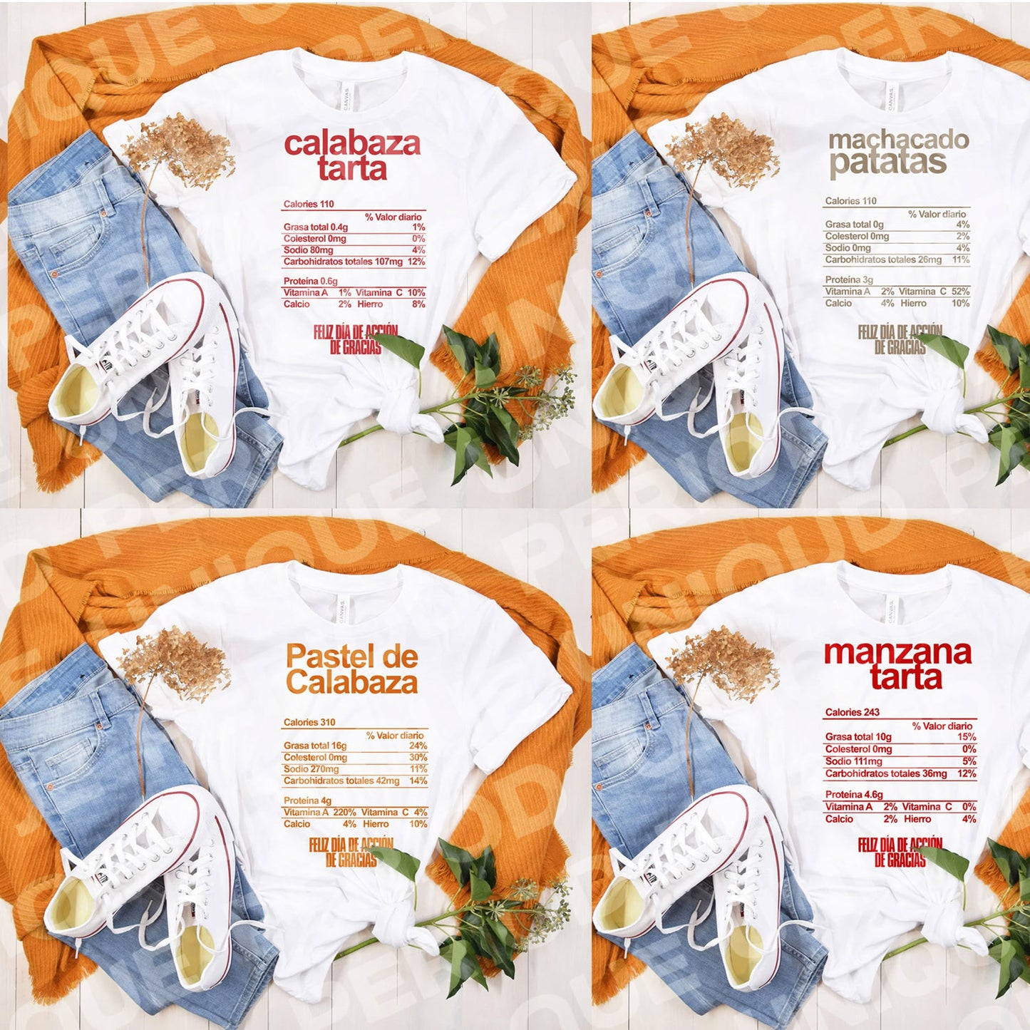 Funny Spanish Thanksgiving Shirts – Nutrition Label Food Tees | Turkey, Pumpkin Pie, Mashed Potatoes & More