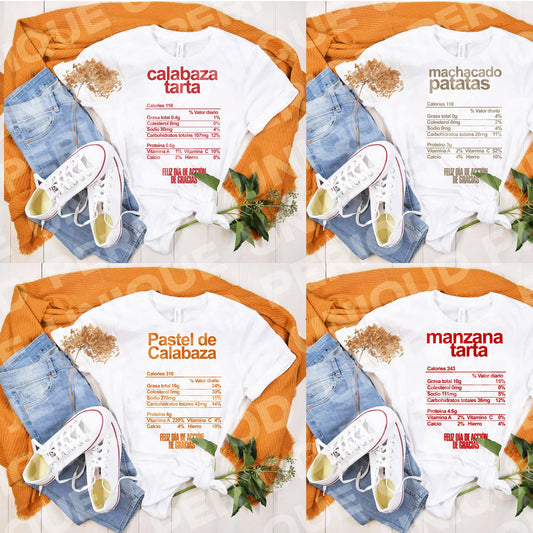 Funny Spanish Thanksgiving Shirts – Nutrition Label Food Tees | Turkey, Pumpkin Pie, Mashed Potatoes & More
