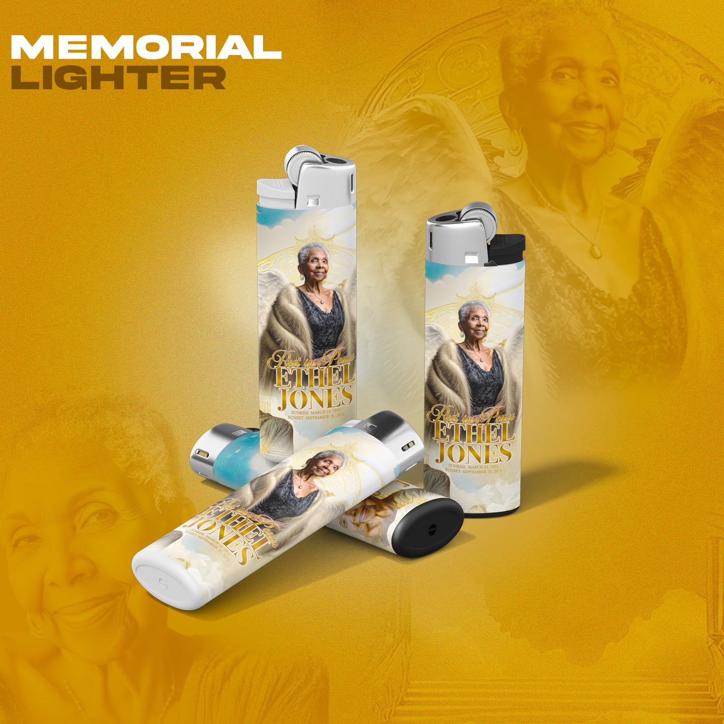 Ivory & Gold Memorial Template Bundle | Editable Photoshop Obituary, Casket Panel, Shirt, Fan, Tumbler, Mug, Keychain & Keepsake Designs