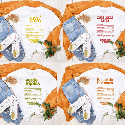 Funny Spanish Thanksgiving Shirts – Nutrition Label Food Tees | Turkey, Pumpkin Pie, Mashed Potatoes & More