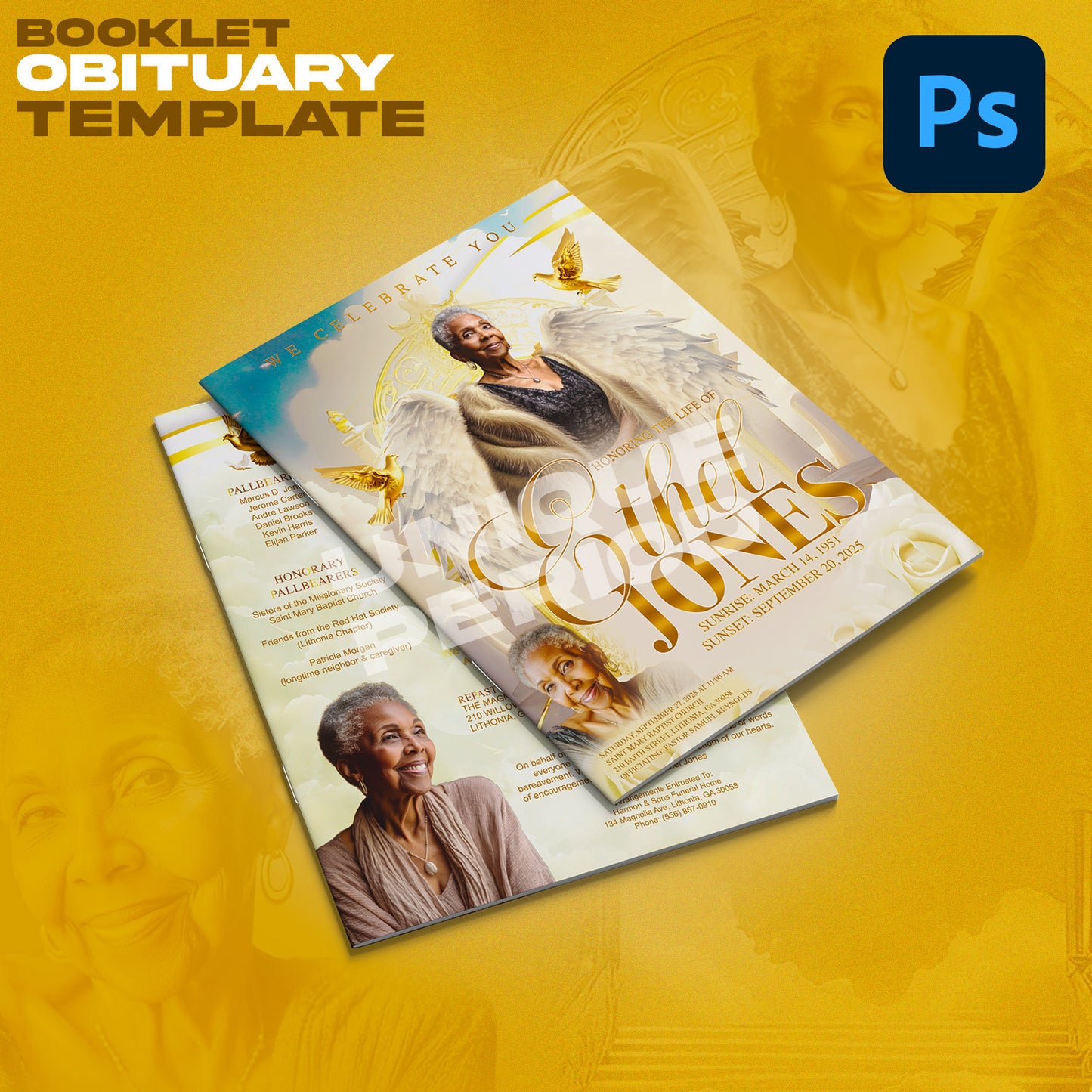 Ivory & Gold Obituary Booklet Template – 8 Page Editable Funeral Program PSD | Photoshop Memorial Booklet Design