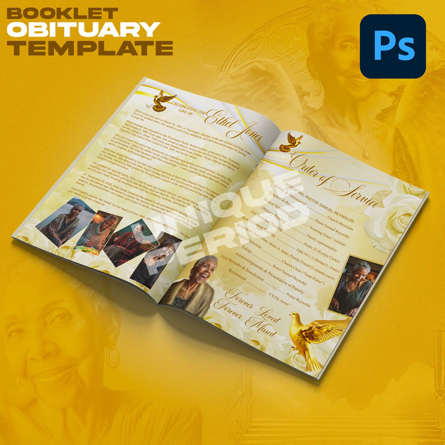 Ivory & Gold Obituary Booklet Template – 8 Page Editable Funeral Program Canva Template | Celebration of Life Memorial Brochure