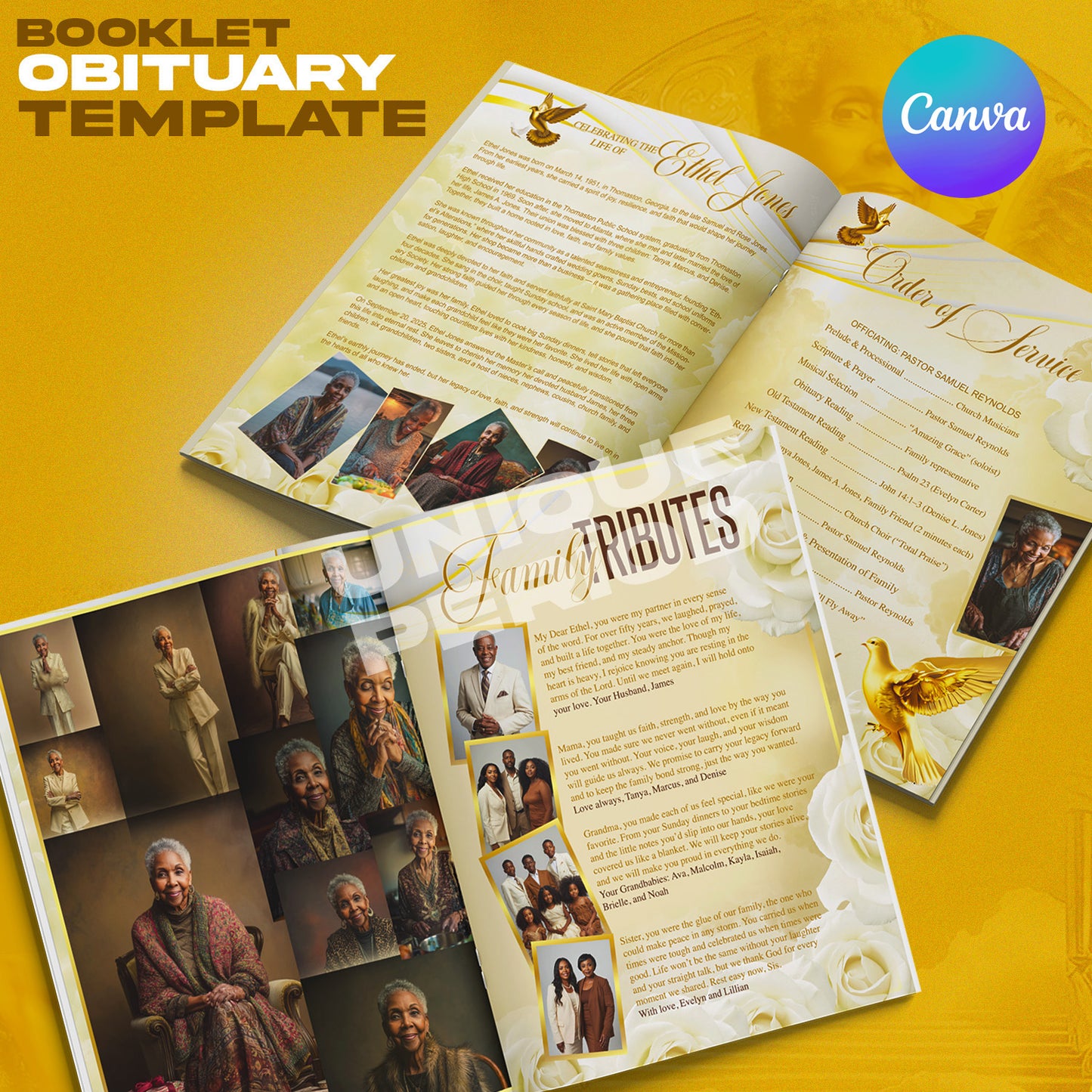Ivory & Gold Obituary Booklet Template – 8 Page Editable Funeral Program Canva Template | Celebration of Life Memorial Brochure