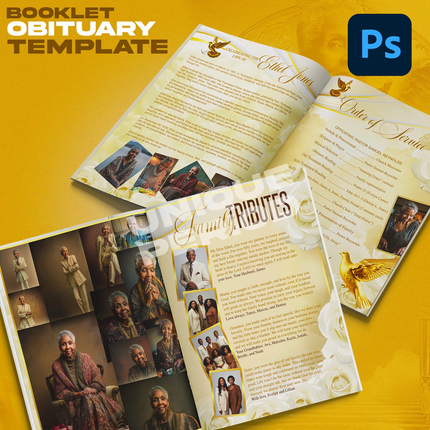 Ivory & Gold Obituary Booklet Template – 8 Page Editable Funeral Program PSD | Photoshop Memorial Booklet Design