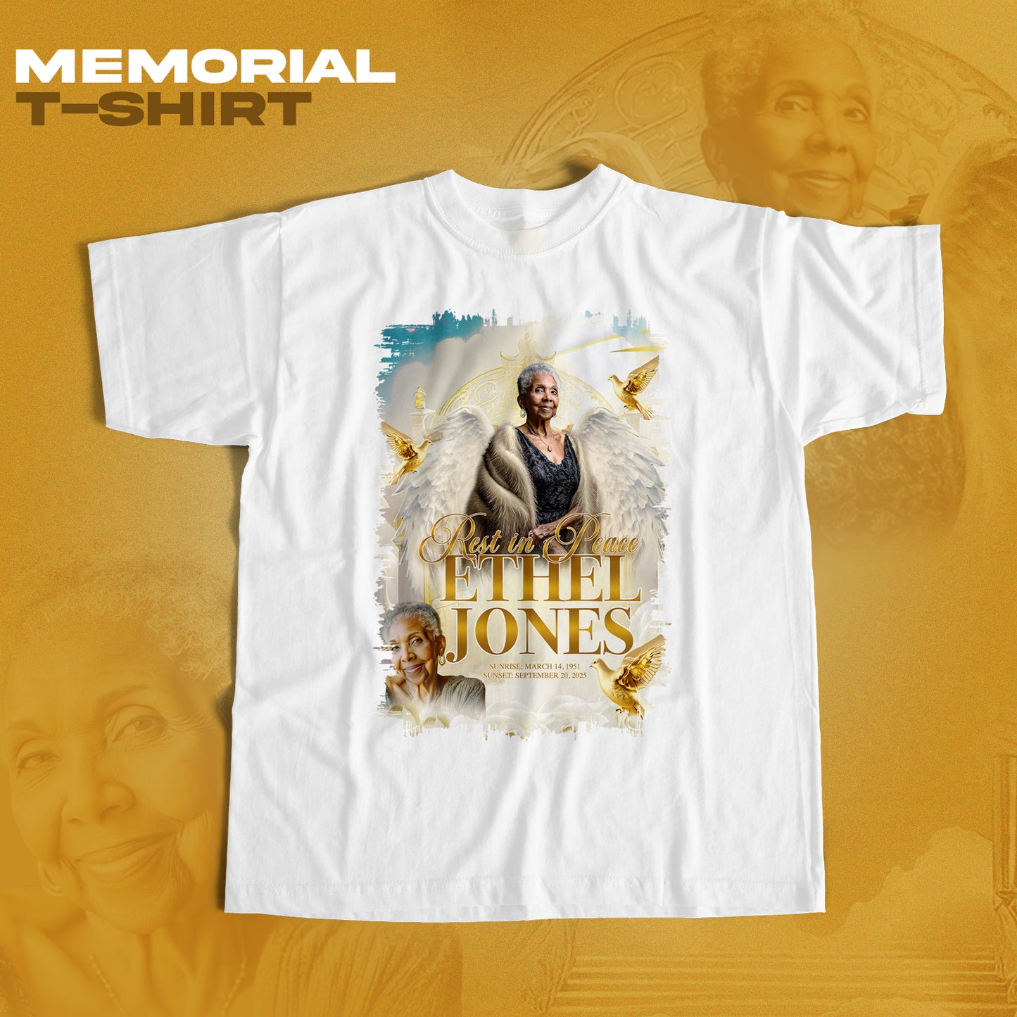 Ivory & Gold Memorial Template Bundle | Editable Photoshop Obituary, Casket Panel, Shirt, Fan, Tumbler, Mug, Keychain & Keepsake Designs