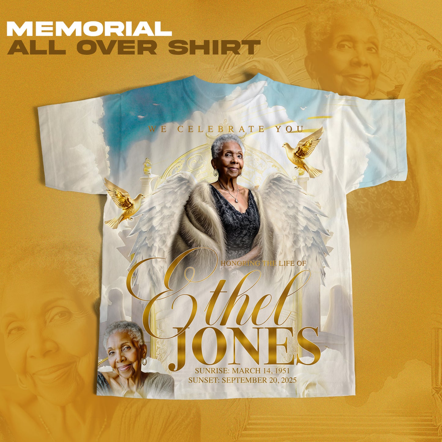 Ivory & Gold Memorial Template Bundle | Editable Photoshop Obituary, Casket Panel, Shirt, Fan, Tumbler, Mug, Keychain & Keepsake Designs