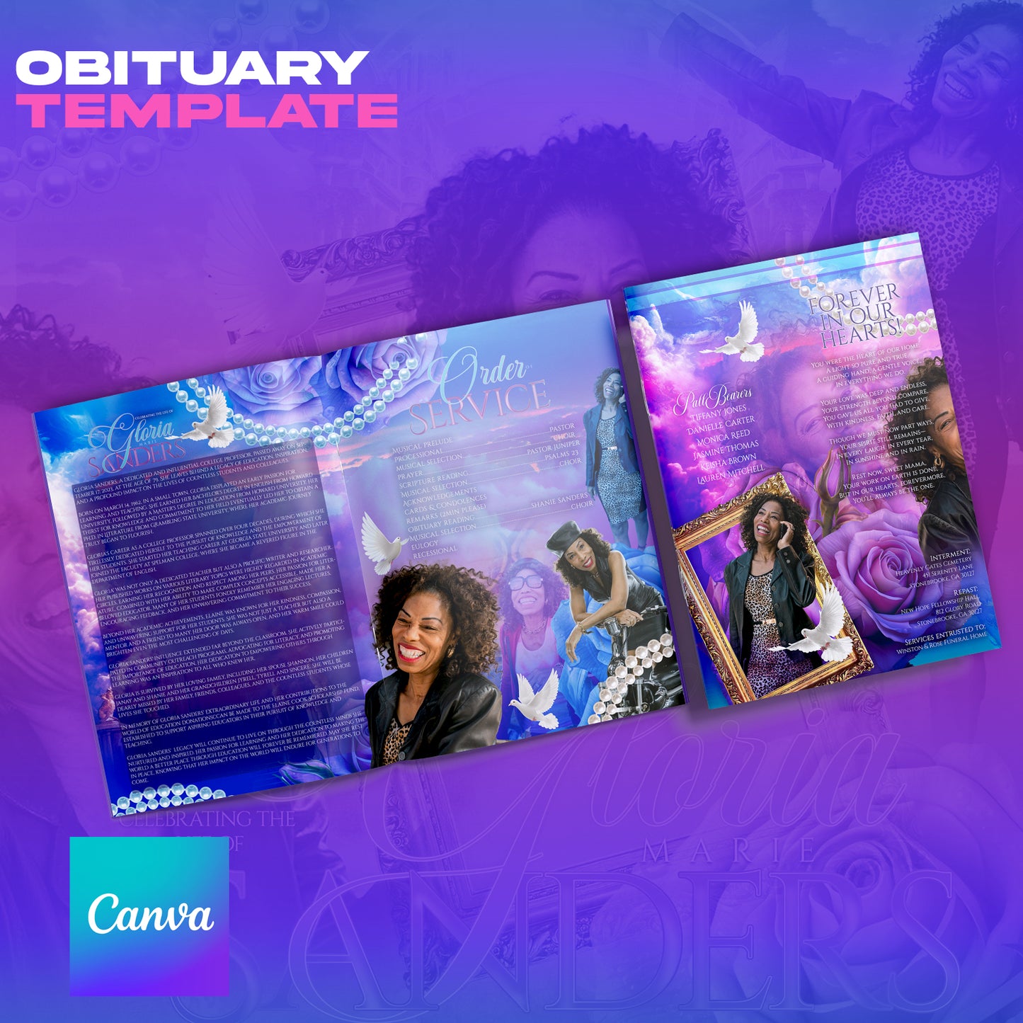 Blue Pink & Purple Floral Obituary Template | Editable Canva & Photoshop PSD Design Bundle
