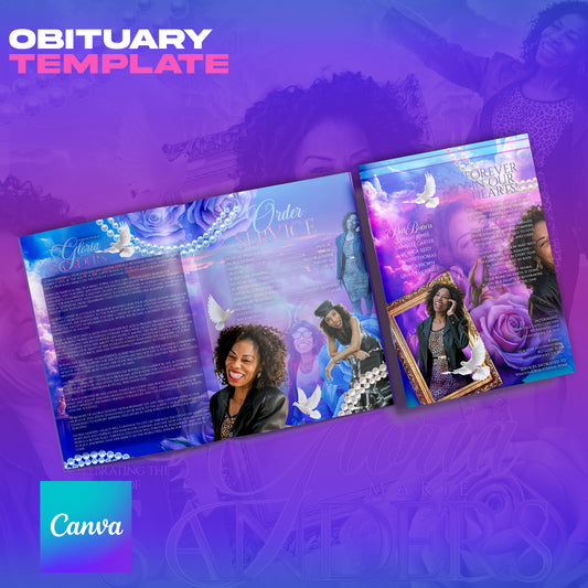 Blue Pink & Purple Floral Obituary Template | Editable Canva & Photoshop PSD Design Bundle