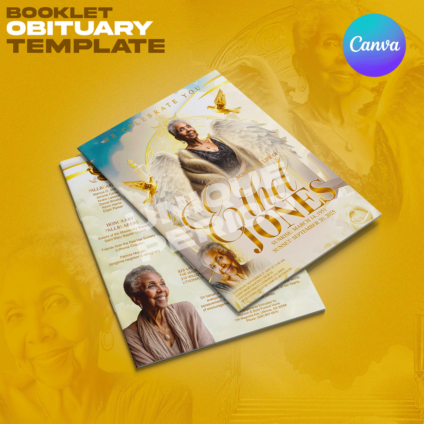 Ivory & Gold Obituary Booklet Template – 8 Page Editable Funeral Program Canva Template | Celebration of Life Memorial Brochure