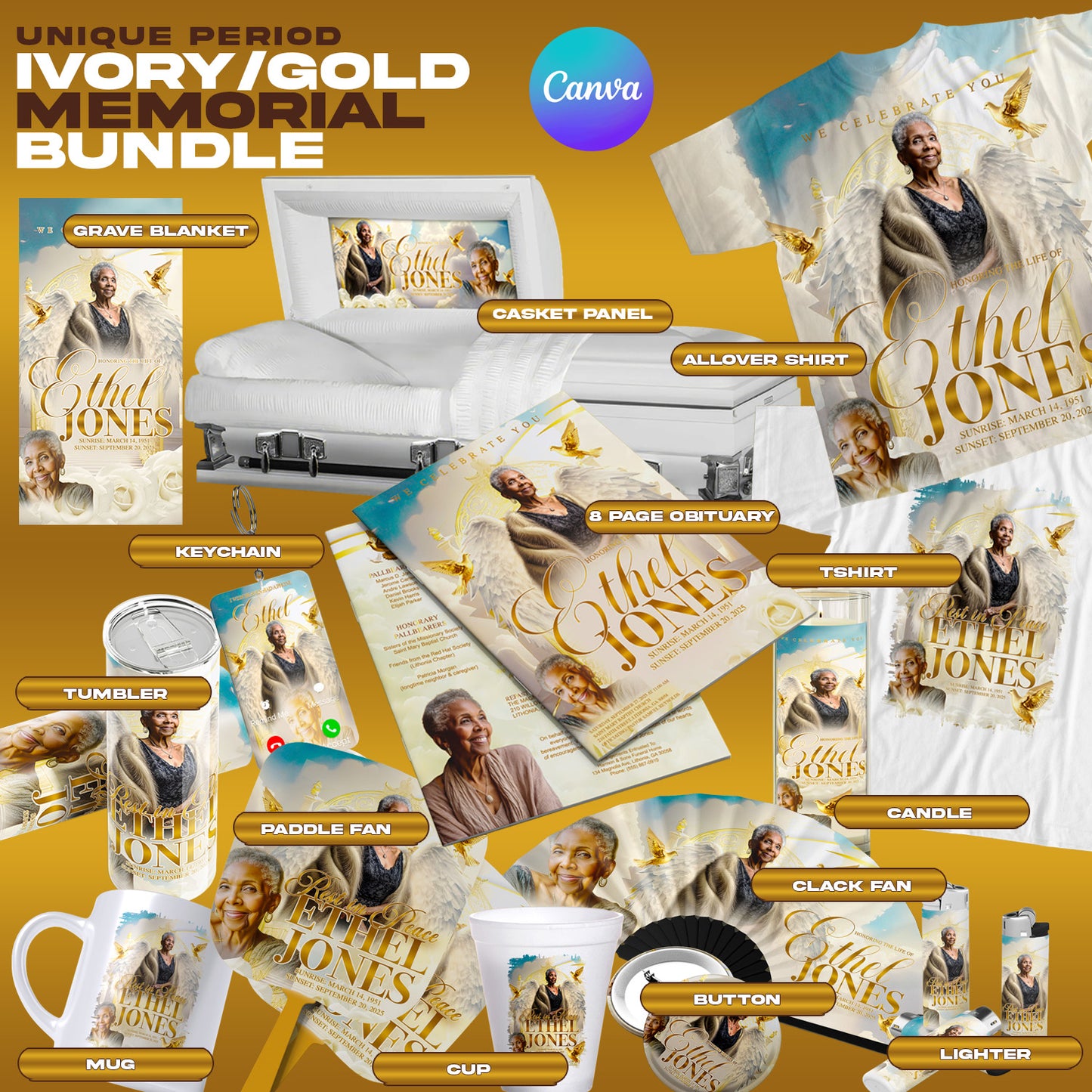 Ivory & Gold Memorial Template Bundle – Editable Canva Obituary, Casket Panel, Shirt, Fan, and Keepsake Designs