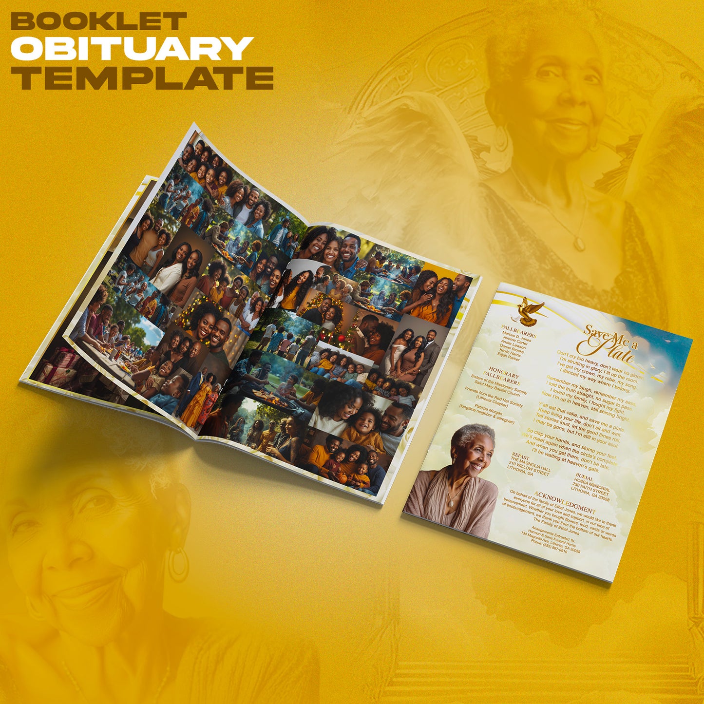 Ivory & Gold Memorial Template Bundle | Editable Photoshop Obituary, Casket Panel, Shirt, Fan, Tumbler, Mug, Keychain & Keepsake Designs