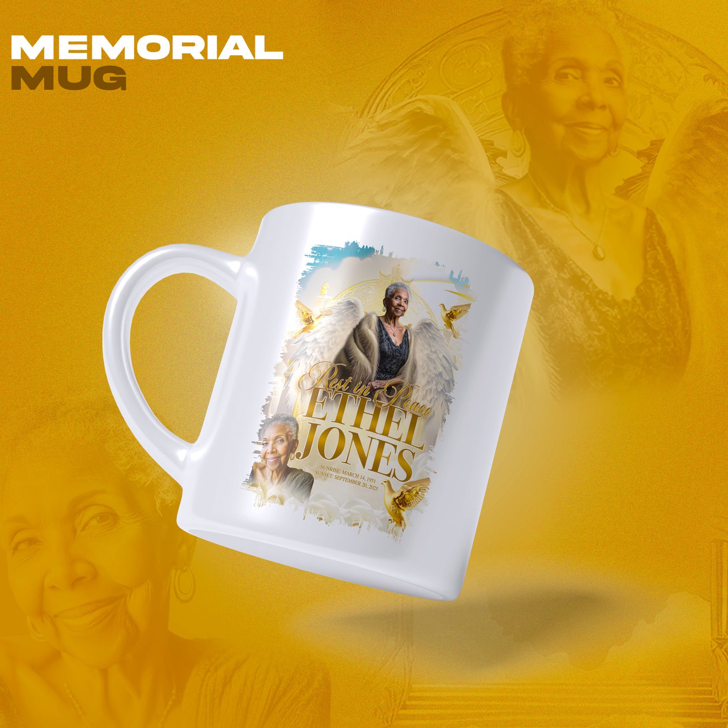 Ivory & Gold Memorial Template Bundle | Editable Photoshop Obituary, Casket Panel, Shirt, Fan, Tumbler, Mug, Keychain & Keepsake Designs