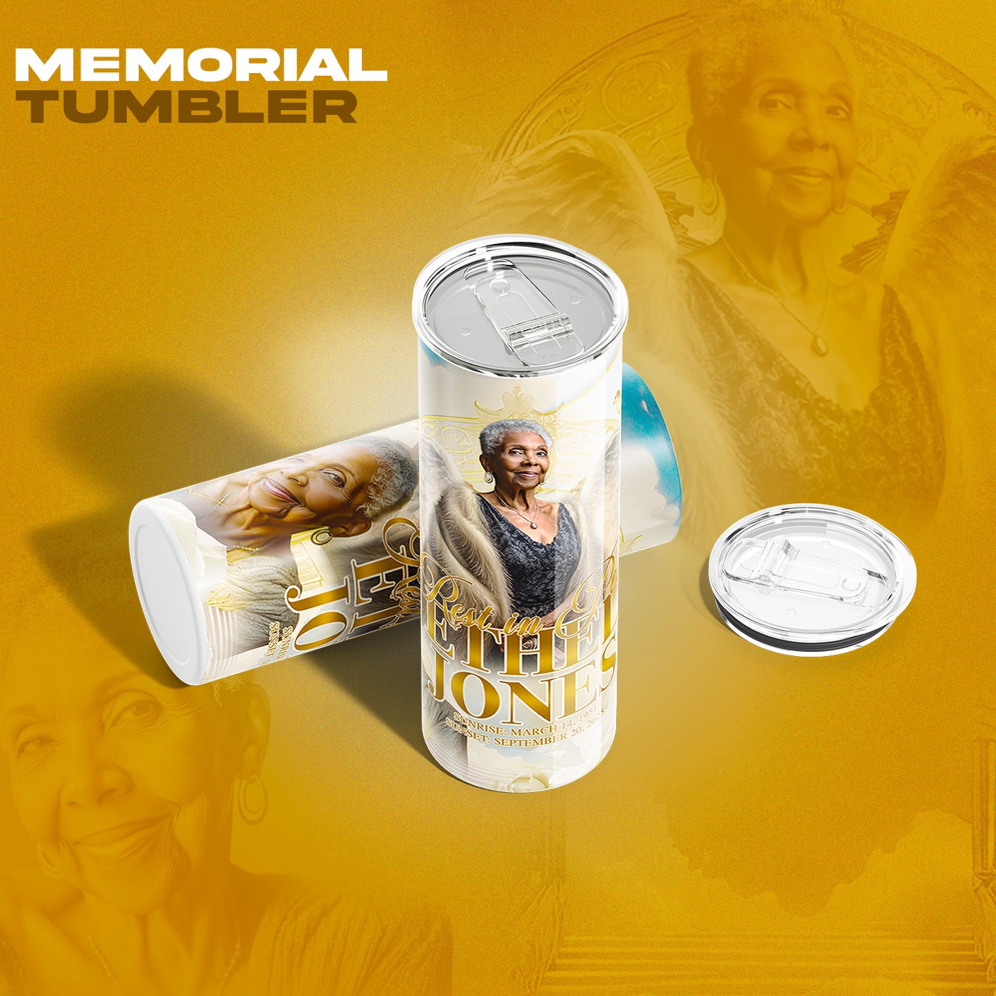 Ivory & Gold Memorial Template Bundle | Editable Photoshop Obituary, Casket Panel, Shirt, Fan, Tumbler, Mug, Keychain & Keepsake Designs