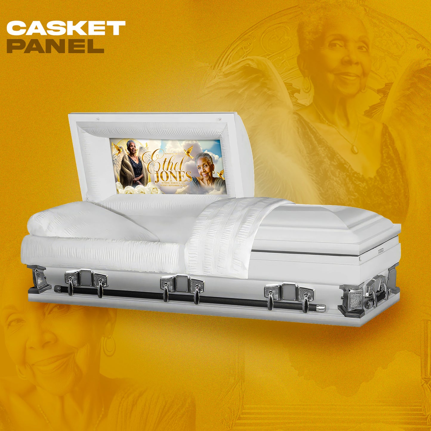 Ivory & Gold Memorial Template Bundle | Editable Photoshop Obituary, Casket Panel, Shirt, Fan, Tumbler, Mug, Keychain & Keepsake Designs