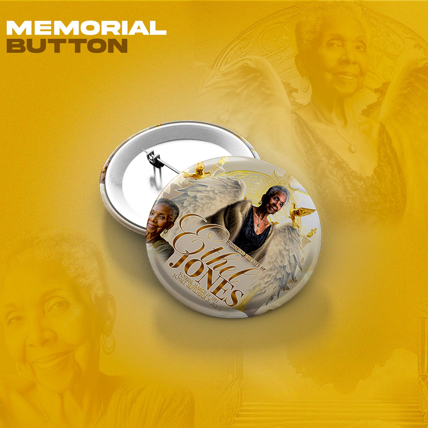 Ivory & Gold Memorial Template Bundle | Editable Photoshop Obituary, Casket Panel, Shirt, Fan, Tumbler, Mug, Keychain & Keepsake Designs