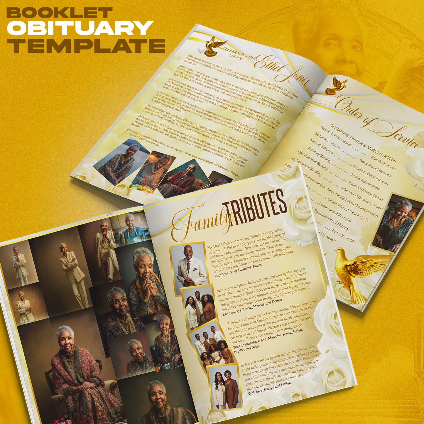 Ivory & Gold Memorial Template Bundle | Editable Photoshop Obituary, Casket Panel, Shirt, Fan, Tumbler, Mug, Keychain & Keepsake Designs