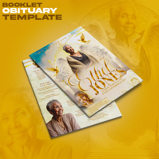 Ivory & Gold Memorial Template Bundle | Editable Photoshop Obituary, Casket Panel, Shirt, Fan, Tumbler, Mug, Keychain & Keepsake Designs