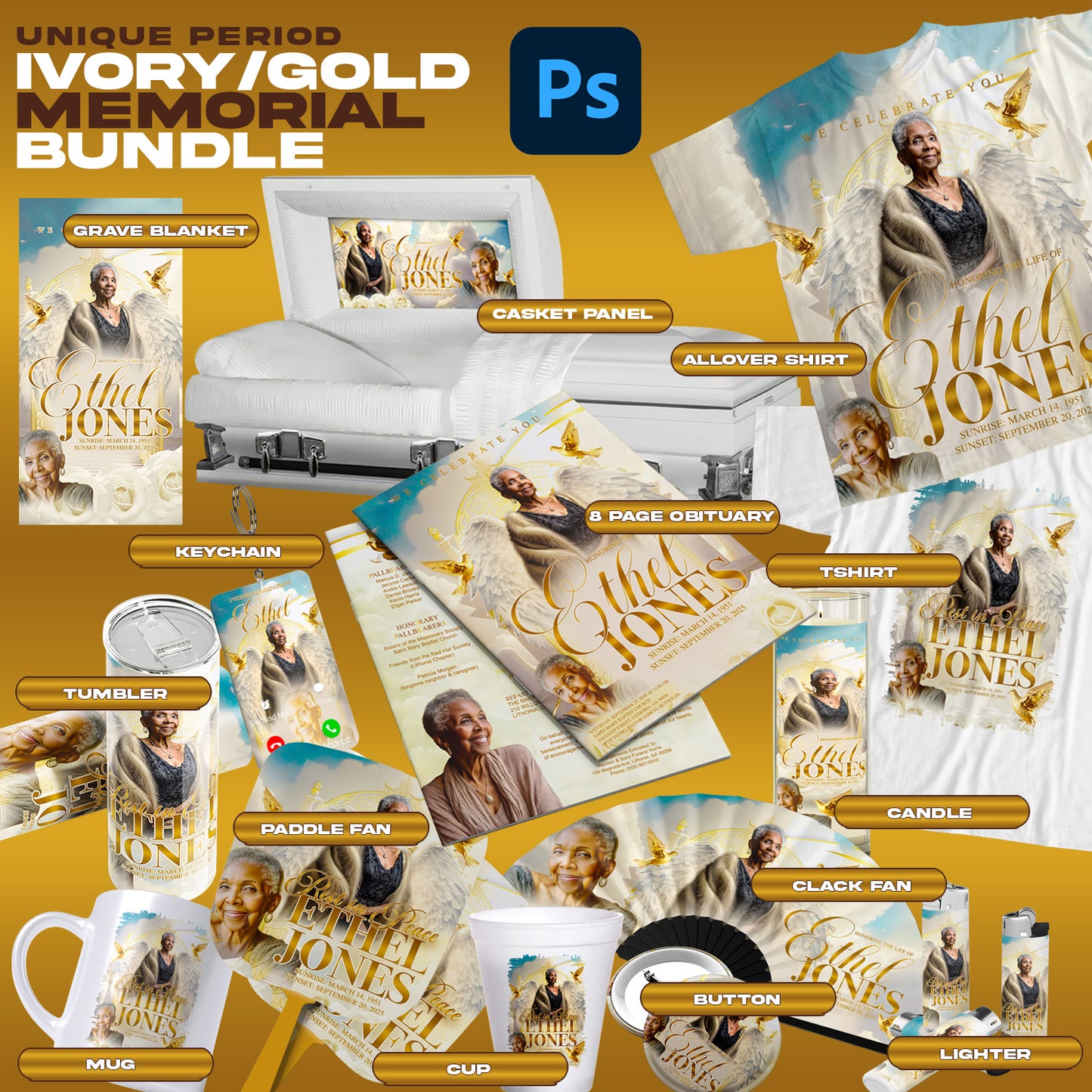 Ivory & Gold Memorial Template Bundle | Editable Photoshop Obituary, Casket Panel, Shirt, Fan, Tumbler, Mug, Keychain & Keepsake Designs