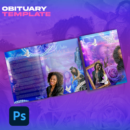 Blue Pink & Purple Floral Obituary Template – Editable Photoshop Design